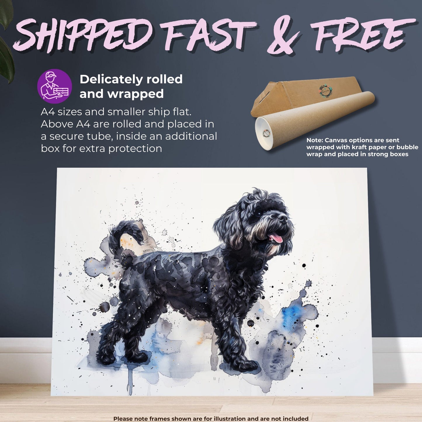 Black Cockapoo Canvas / Poster Print. Colourful Watercolour Happy Doodle Dog Painting Splatter Paint Splash Art, Cavapoo Wall Decor Gift - CanvasityCrafts - Free Shipping