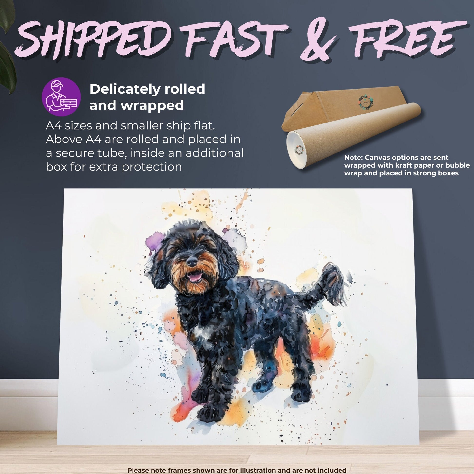 Black Cockapoo Canvas / Poster Print. Colourful Watercolour Happy Doodle Dog Painting Splatter Paint Splash Art, Cavapoo Wall Decor Gift - CanvasityCrafts - Free Shipping