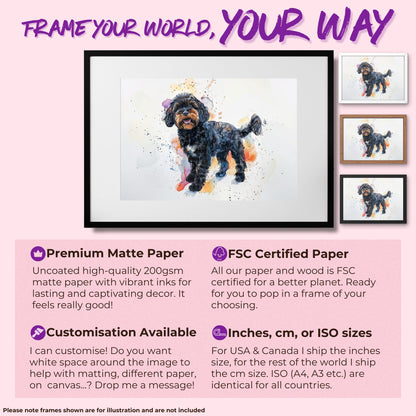 Black Cockapoo Canvas / Poster Print. Colourful Watercolour Happy Doodle Dog Painting Splatter Paint Splash Art, Cavapoo Wall Decor Gift - CanvasityCrafts - Free Shipping