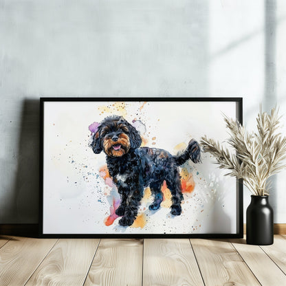 Black Cockapoo Canvas / Poster Print. Colourful Watercolour Happy Doodle Dog Painting Splatter Paint Splash Art, Cavapoo Wall Decor Gift - CanvasityCrafts - Free Shipping