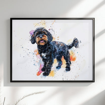 Black Cockapoo Canvas / Poster Print. Colourful Watercolour Happy Doodle Dog Painting Splatter Paint Splash Art, Cavapoo Wall Decor Gift - CanvasityCrafts - Free Shipping