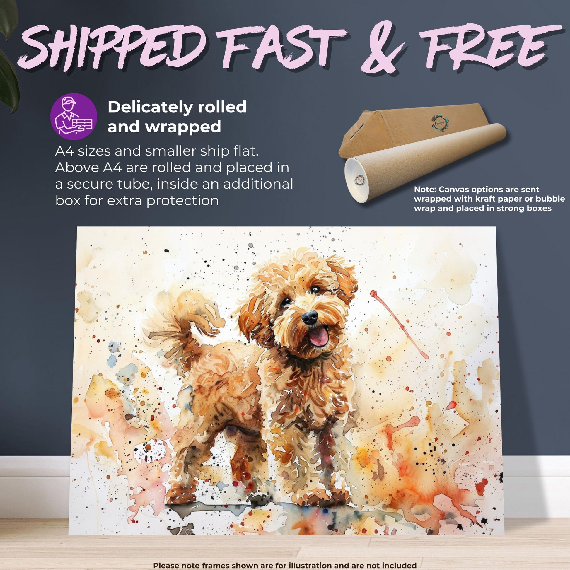 Cute Cockapoo Canvas / Poster Print. Colourful Watercolour Happy Doodle Dog Painting Splatter Paint Splash Art Cream Cavapoo Wall Decor Gift - CanvasityCrafts - Free Shipping