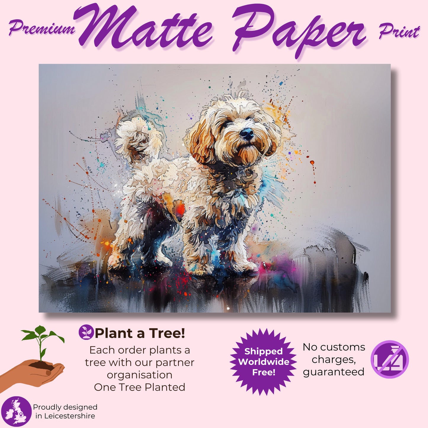 White Cockapoo Canvas / Poster Print. Colorful Watercolour Happy Doodle Dog Painting Splatter Paint Splash Art Cream Cavapoo Wall Decor Gift - CanvasityCrafts - Free Shipping