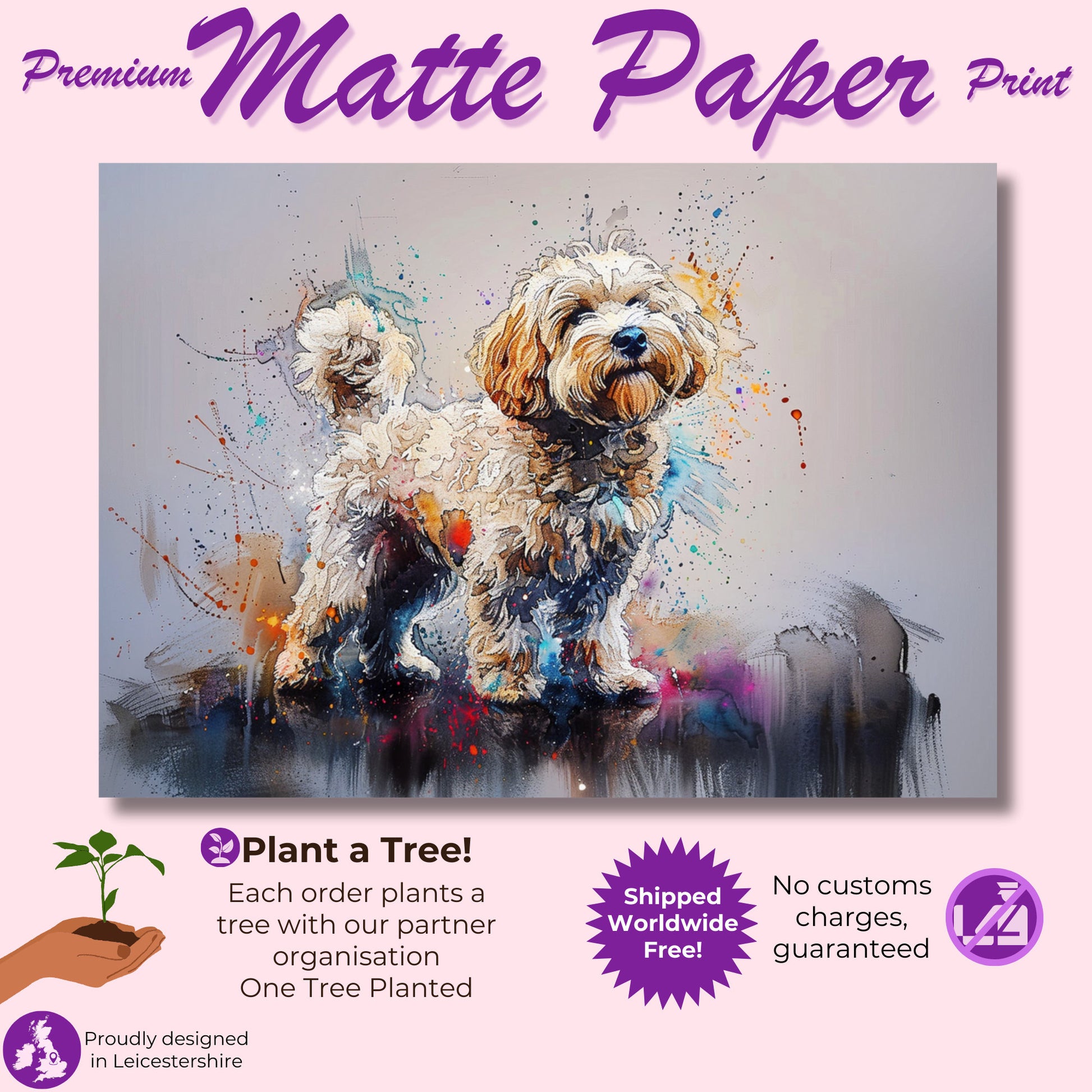 White Cockapoo Canvas / Poster Print. Colorful Watercolour Happy Doodle Dog Painting Splatter Paint Splash Art Cream Cavapoo Wall Decor Gift - CanvasityCrafts - Free Shipping