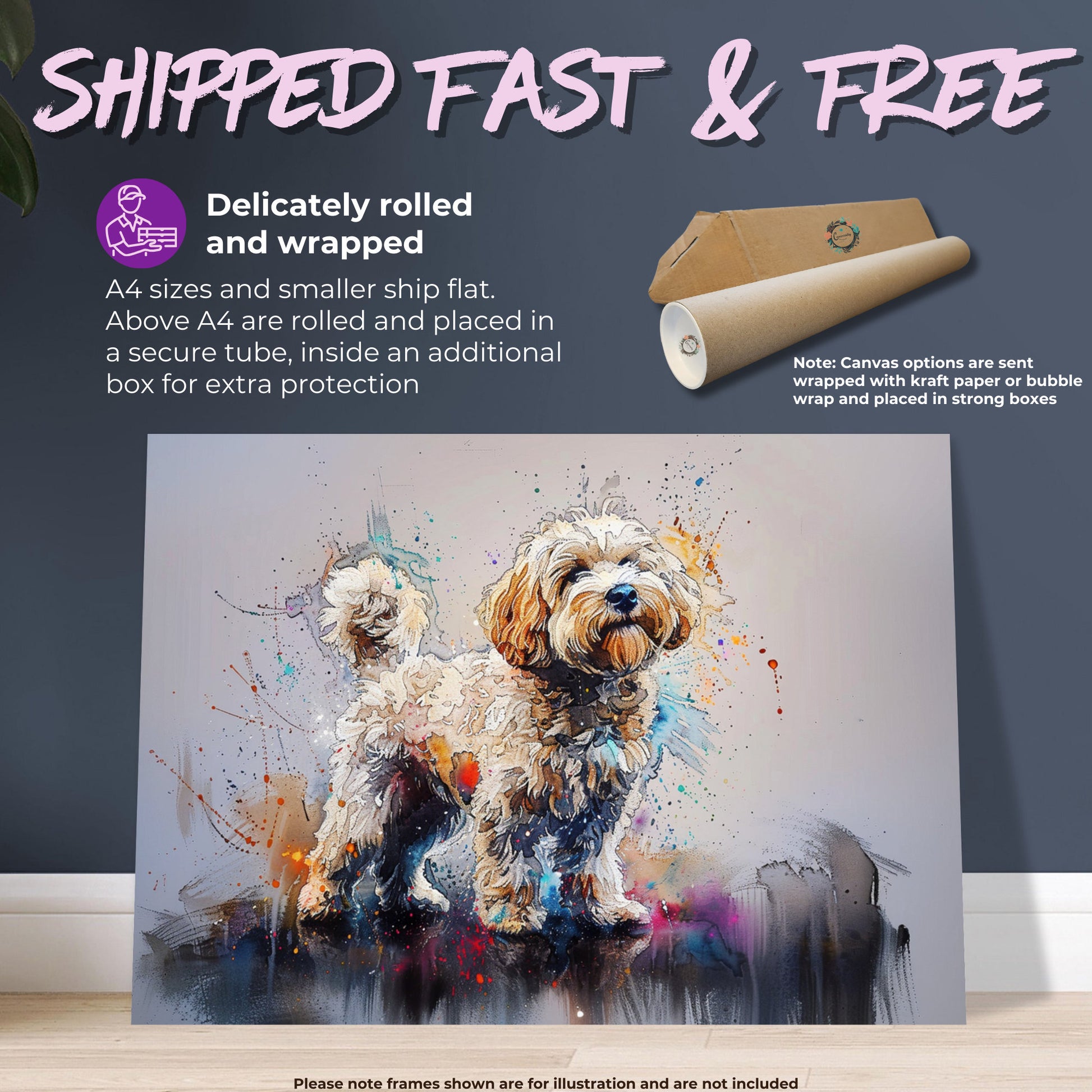 White Cockapoo Canvas / Poster Print. Colorful Watercolour Happy Doodle Dog Painting Splatter Paint Splash Art Cream Cavapoo Wall Decor Gift - CanvasityCrafts - Free Shipping