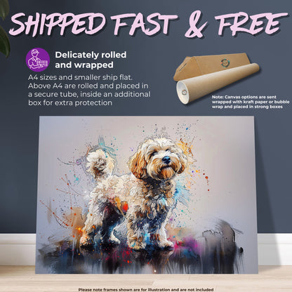 White Cockapoo Canvas / Poster Print. Colorful Watercolour Happy Doodle Dog Painting Splatter Paint Splash Art Cream Cavapoo Wall Decor Gift - CanvasityCrafts - Free Shipping