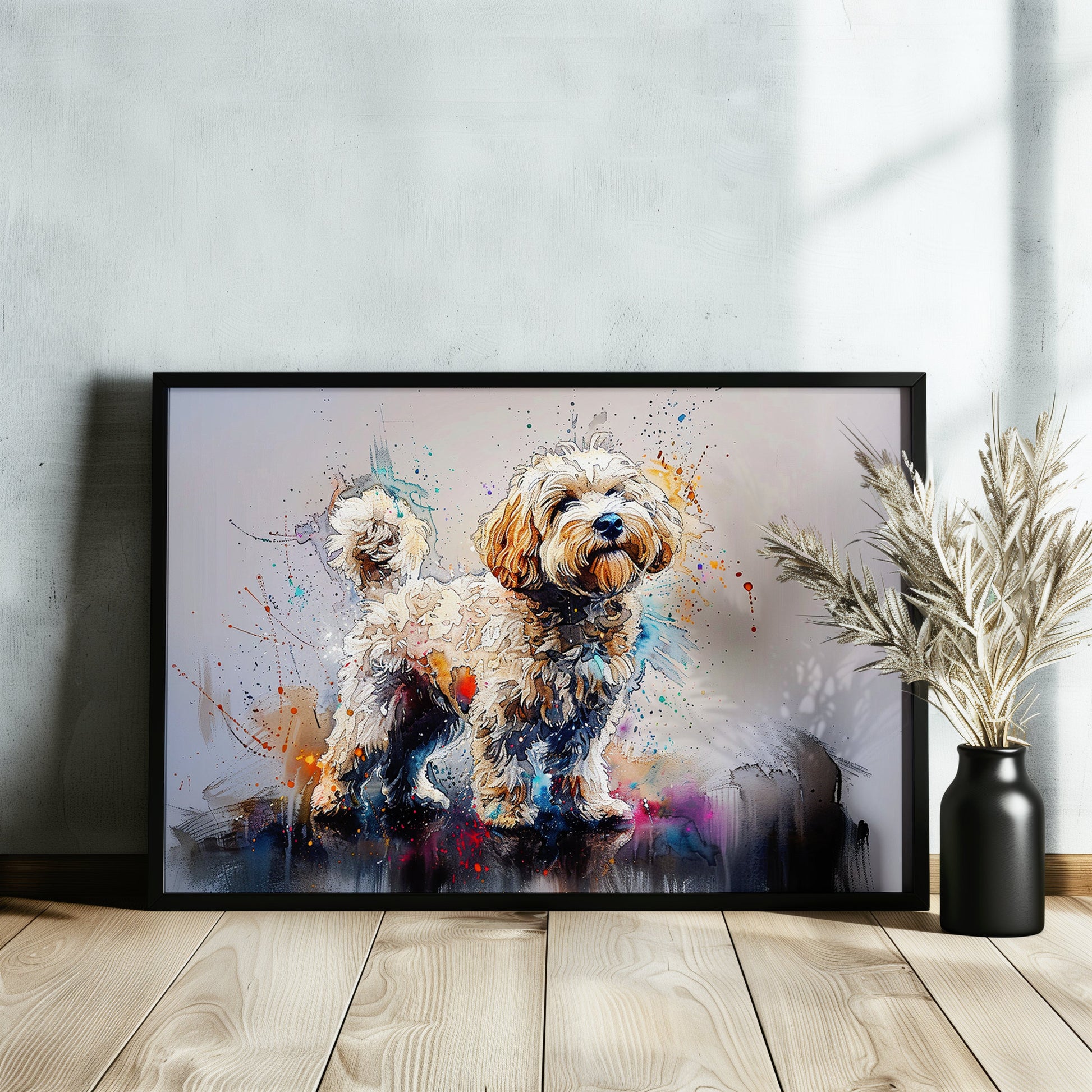 White Cockapoo Canvas / Poster Print. Colorful Watercolour Happy Doodle Dog Painting Splatter Paint Splash Art Cream Cavapoo Wall Decor Gift - CanvasityCrafts - Free Shipping