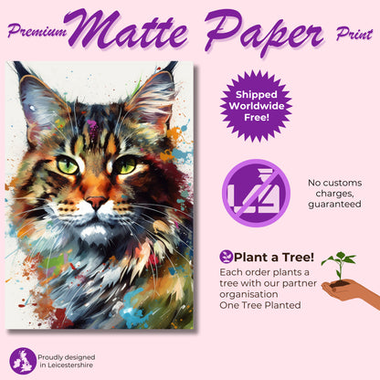 Watercolor Maine Coon Cat Poster Print. Abstract Wall Decor Cat Owner Gift, Portrait Painting, Colourful American Animal Art, Paint Splash - CanvasityCrafts - Free Shipping