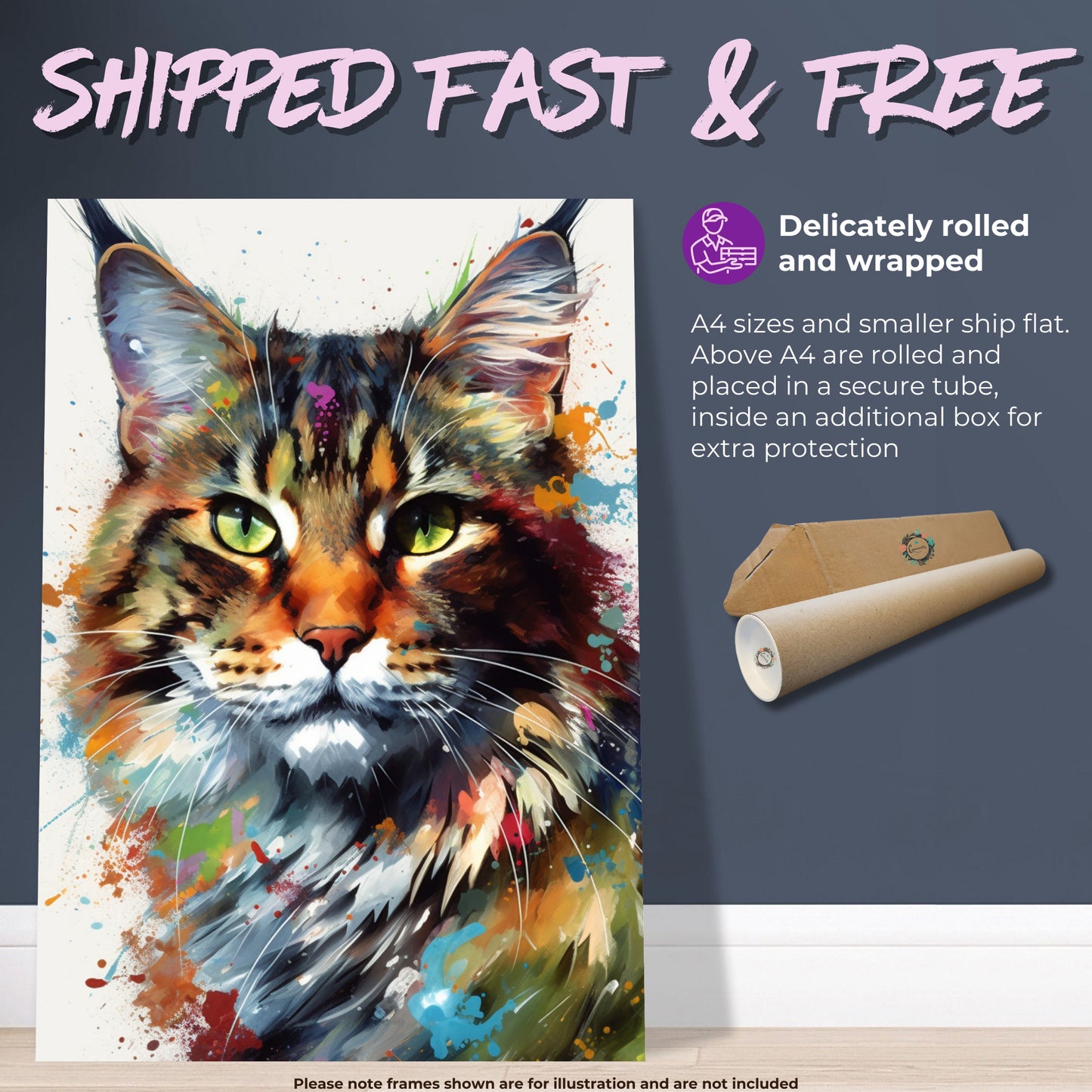 Watercolor Maine Coon Cat Poster Print. Abstract Wall Decor Cat Owner Gift, Portrait Painting, Colourful American Animal Art, Paint Splash - CanvasityCrafts - Free Shipping