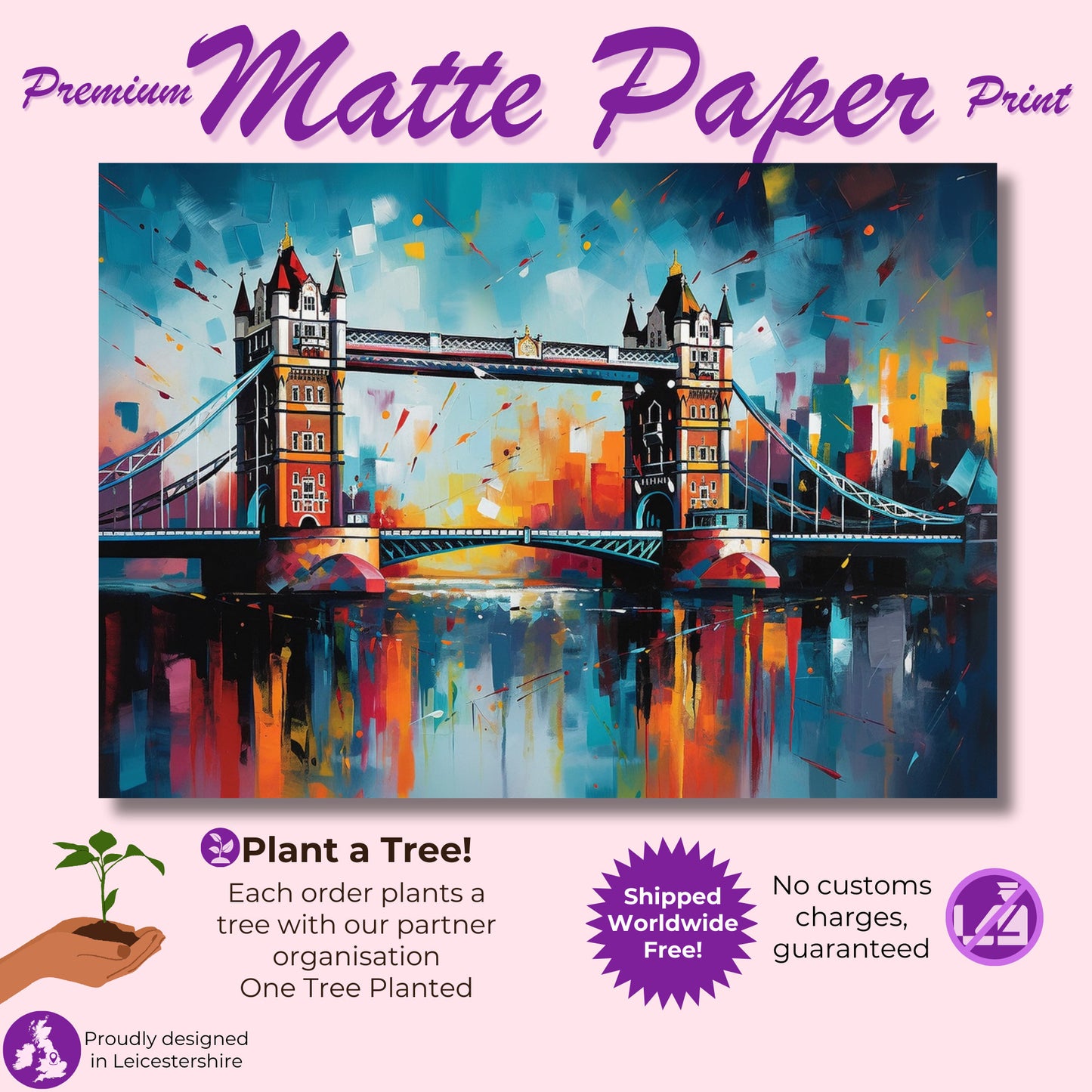 Tower Bridge London Poster Print. Abstract River Thames Wall Decor Cityscape Painting Gift, Colourful City Art, Watercolour, Paint Splash - CanvasityCrafts - Free Shipping