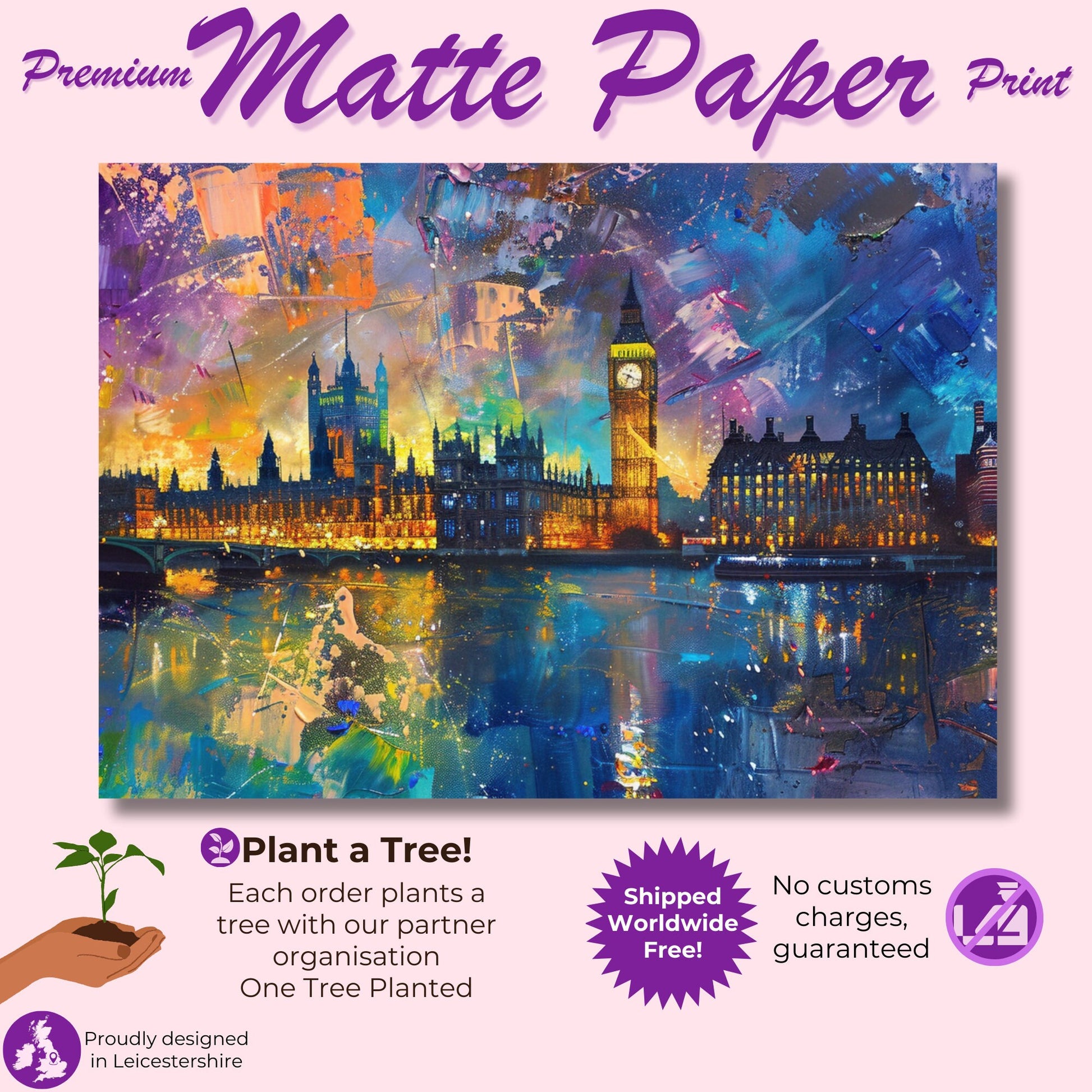 Big Ben & Houses of Parliament, Westminster Palace London Poster Print. Abstract River Thames Wall Decor Cityscape Painting Gift, City Art - CanvasityCrafts - Free Shipping