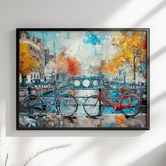 Amsterdam Canal and Bikes Cityscape Poster Print. Abstract Dutch Wall Decor Painting Gift, Watercolour City Art, Cycling Bicycle Waterways - CanvasityCrafts - Free Shipping