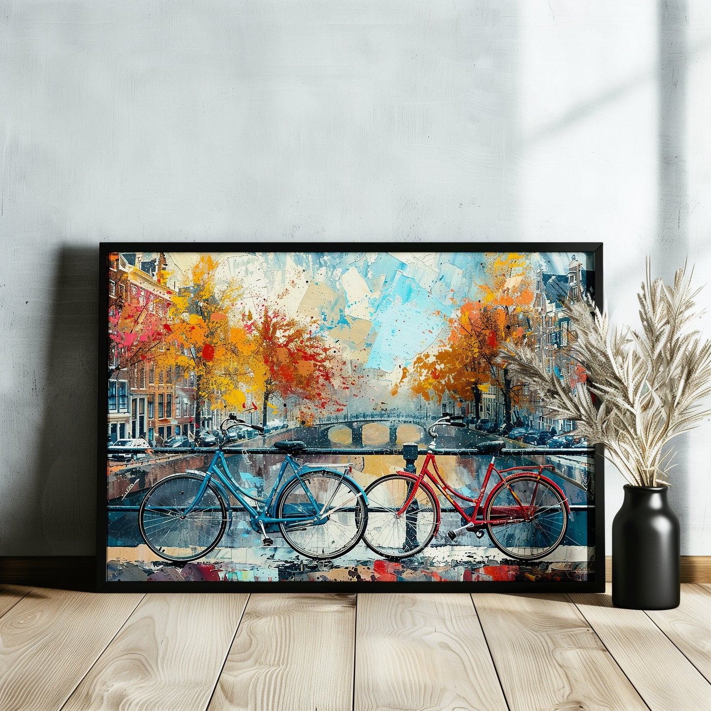 Amsterdam Canal and Bikes Cityscape Poster Print. Abstract Dutch Wall Decor Painting Gift, Watercolour City Art, Cycling Bicycle Waterways - CanvasityCrafts - Free Shipping