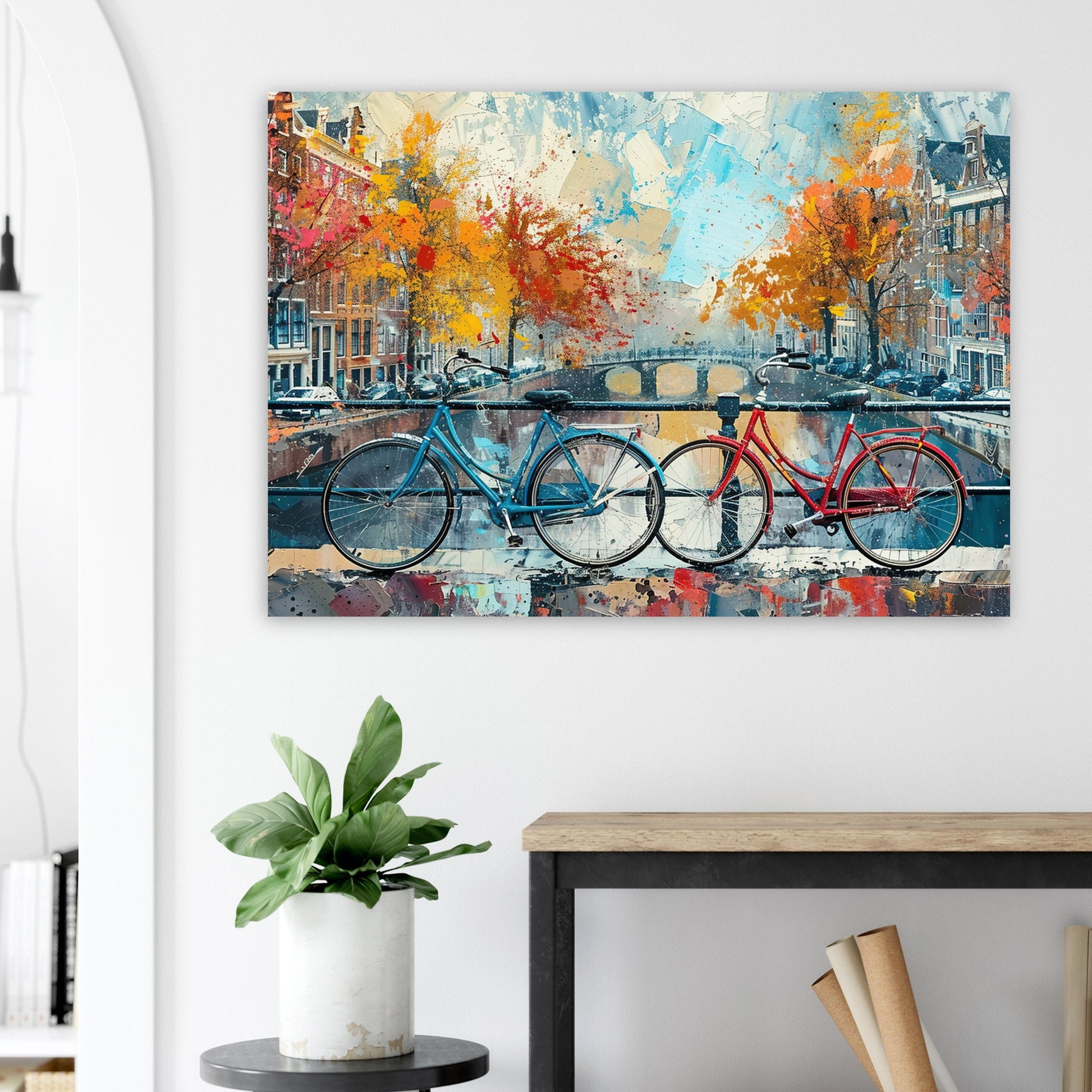 Amsterdam Canal and Bikes Cityscape Poster Print. Abstract Dutch Wall Decor Painting Gift, Watercolour City Art, Cycling Bicycle Waterways - CanvasityCrafts - Free Shipping