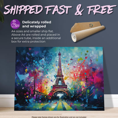 Eiffel Tower Paris Cityscape Poster Print. Abstract French Skyline Wall Decor Painting Gift Colourful Watercolour France City Paint Splash - CanvasityCrafts - Free Shipping