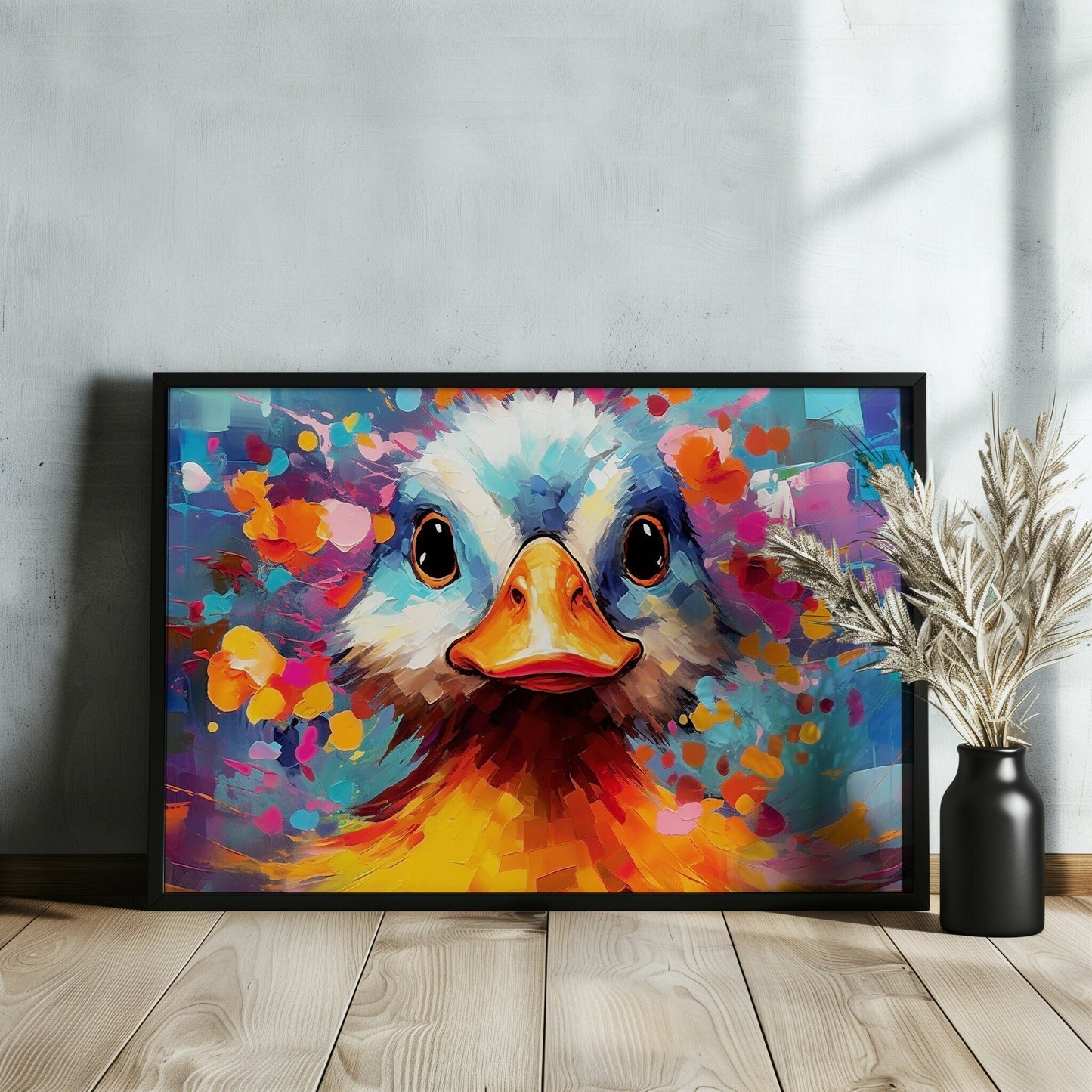 Colorful Baby Duck Poster. Rainbow Animal Wall Art Floral Print. Gift for duckling lover, farmer, mom. Nursery Print, Bathroom Bedroom Art - CanvasityCrafts - Free Shipping