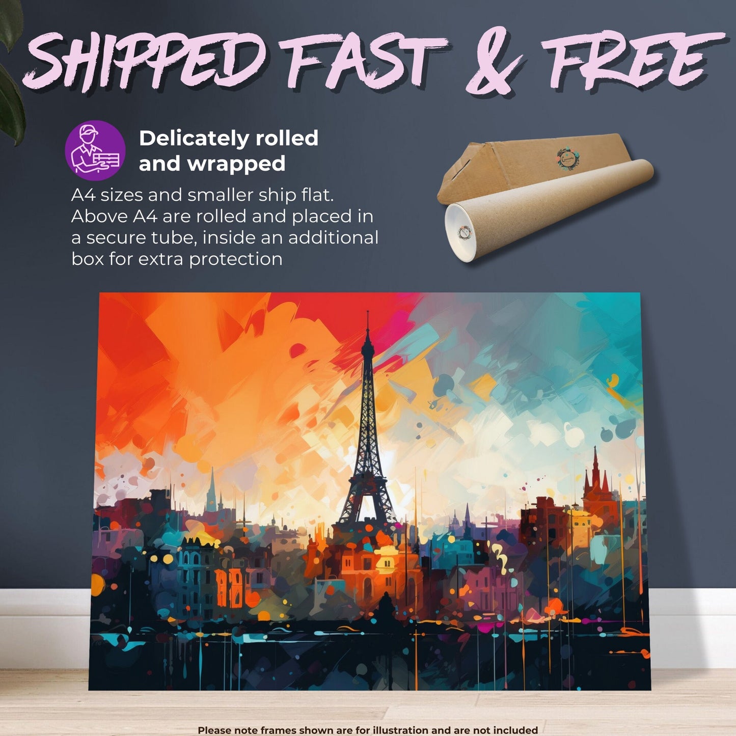 Paris Skyline Cityscape Poster Print. Abstract French Eiffel Tower Wall Decor Painting Gift Colourful Watercolour France City Paint Splash - CanvasityCrafts - Free Shipping