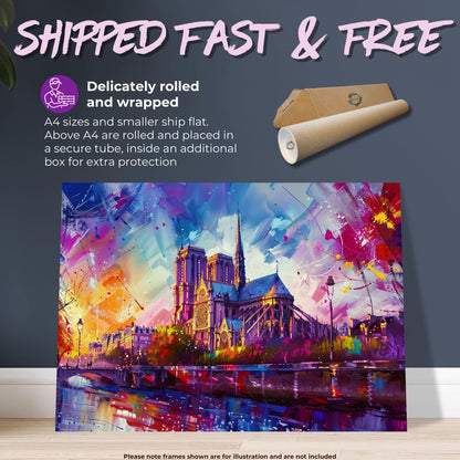 Notre Dame Paris Cityscape Poster Print. Abstract French Cathedral Wall Decor Painting Gift Colourful Watercolour France City Paint Splash - CanvasityCrafts - Free Shipping