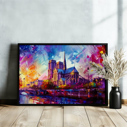 Notre Dame Paris Cityscape Poster Print. Abstract French Cathedral Wall Decor Painting Gift Colourful Watercolour France City Paint Splash - CanvasityCrafts - Free Shipping