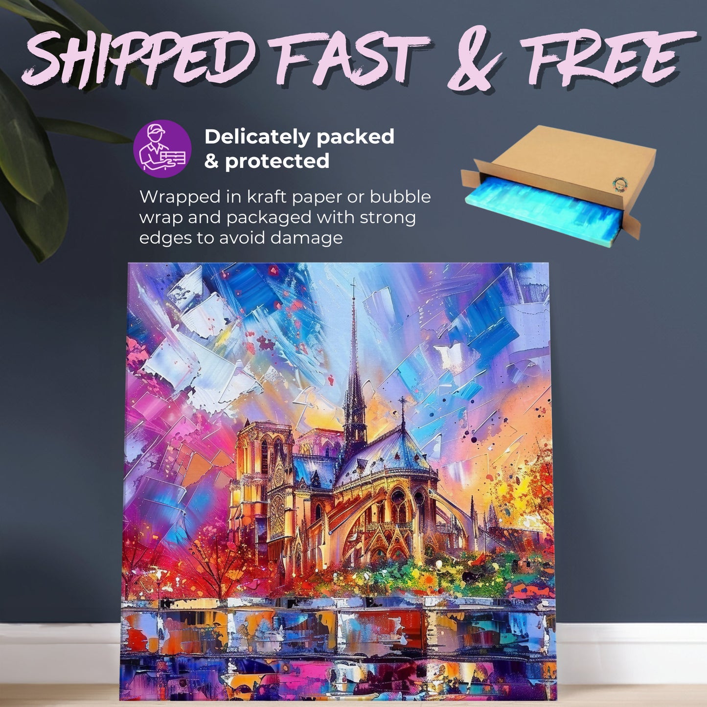 Notre Dame Paris Cityscape Canvas Print. Abstract French Cathedral Wall Decor Painting Gift Colourful Watercolour France City Paint Splash - CanvasityCrafts - Free Shipping