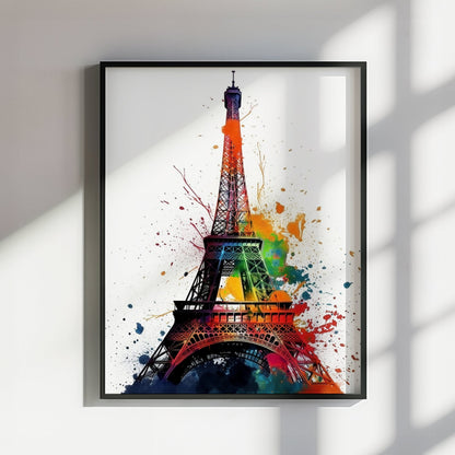 Eiffel Tower Paris Cityscape Poster Print. Abstract French Skyline Wall Decor Painting Gift Colourful Watercolour France City Paint Splash - CanvasityCrafts - Free Shipping