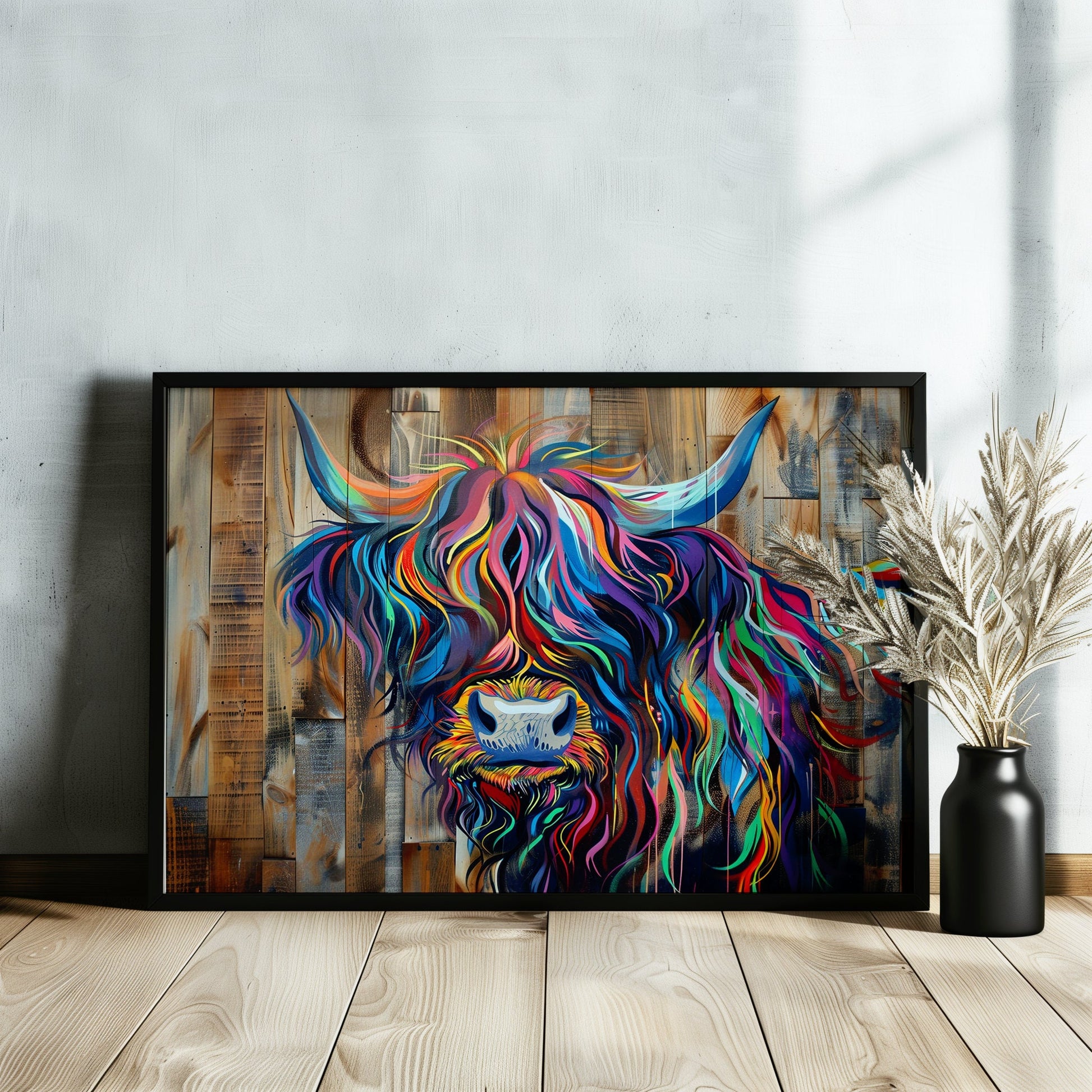 Highland Cow Canvas / Poster Print Wooden Background. Colourful Shaggy Scottish Cow Painting, Multicolour Art, Abstract Wood Wall Decor Gift - CanvasityCrafts - Free Shipping