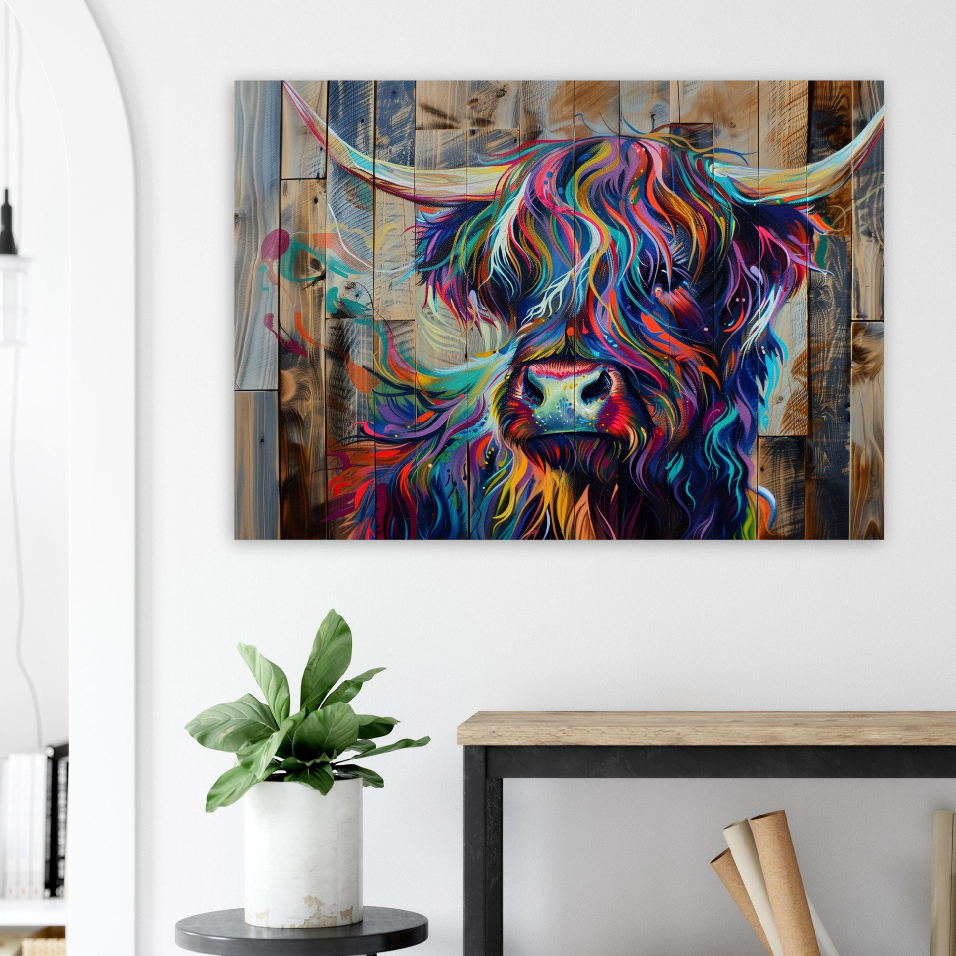 Highland Cow Canvas / Poster Print Wooden Background. Colourful Shaggy Scottish Cow Painting, Multicolour Art, Abstract Wood Wall Decor Gift - CanvasityCrafts - Free Shipping