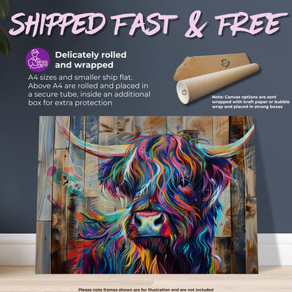 Highland Cow Canvas / Poster Print Wooden Background. Colourful Shaggy Scottish Cow Painting, Multicolour Art, Abstract Wood Wall Decor Gift - CanvasityCrafts - Free Shipping