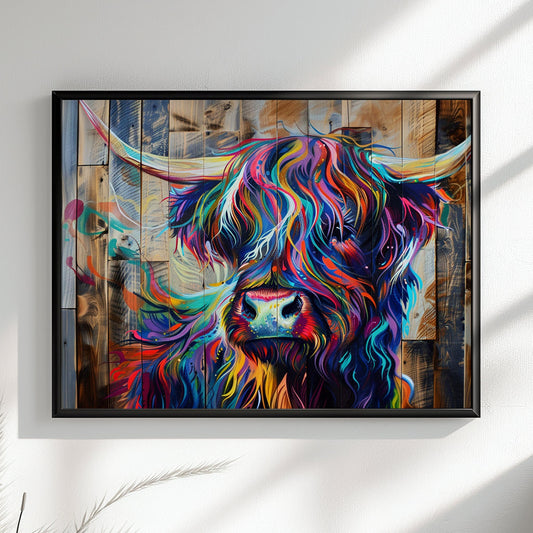 Highland Cow Canvas / Poster Print Wooden Background. Colourful Shaggy Scottish Cow Painting, Multicolour Art, Abstract Wood Wall Decor Gift - CanvasityCrafts - Free Shipping