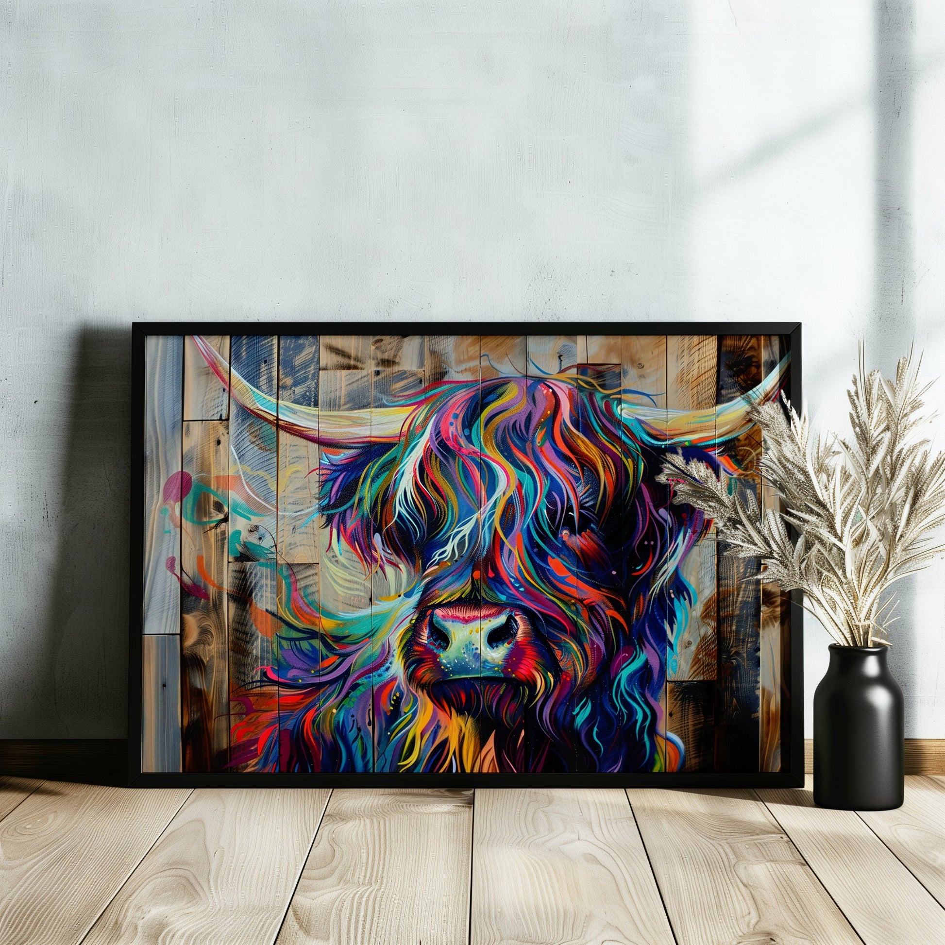 Highland Cow Canvas / Poster Print Wooden Background. Colourful Shaggy Scottish Cow Painting, Multicolour Art, Abstract Wood Wall Decor Gift - CanvasityCrafts - Free Shipping