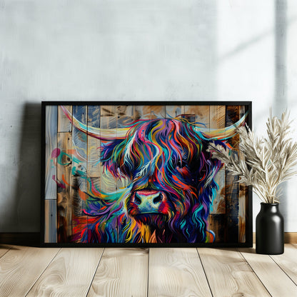 Highland Cow Canvas / Poster Print Wooden Background. Colourful Shaggy Scottish Cow Painting, Multicolour Art, Abstract Wood Wall Decor Gift - CanvasityCrafts - Free Shipping