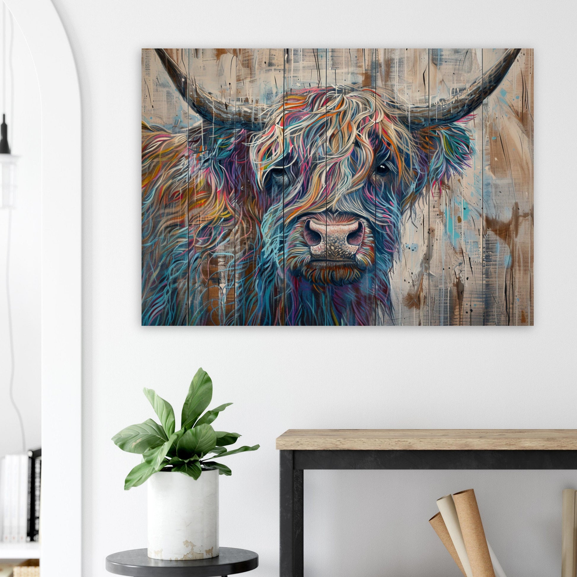 Highland Cow Canvas / Poster Print Wooden Background. Colourful Shaggy Scottish Cow Painting, Multicolour Art, Abstract Wood Wall Decor Gift - CanvasityCrafts - Free Shipping