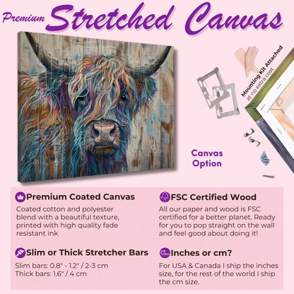 Highland Cow Canvas / Poster Print Wooden Background. Colourful Shaggy Scottish Cow Painting, Multicolour Art, Abstract Wood Wall Decor Gift - CanvasityCrafts - Free Shipping