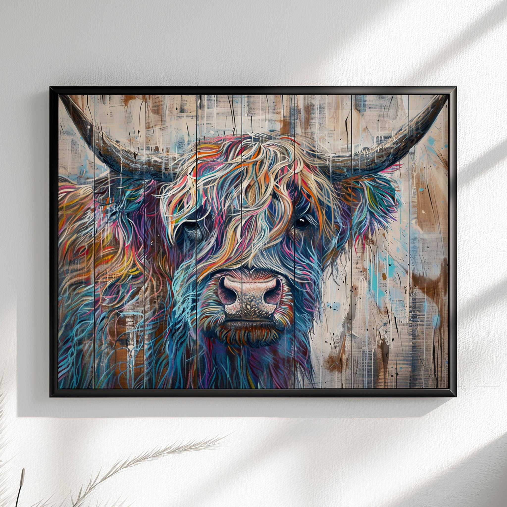 Highland Cow Canvas / Poster Print Wooden Background. Colourful Shaggy Scottish Cow Painting, Multicolour Art, Abstract Wood Wall Decor Gift - CanvasityCrafts - Free Shipping