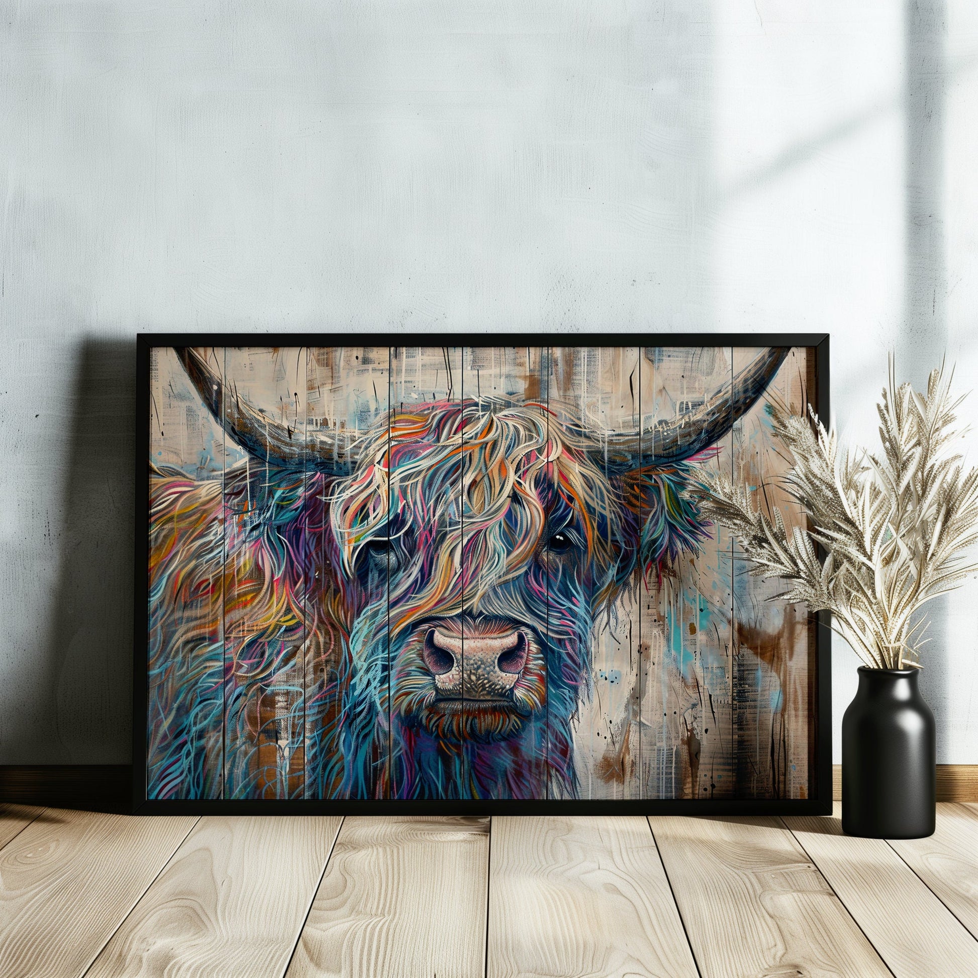 Highland Cow Canvas / Poster Print Wooden Background. Colourful Shaggy Scottish Cow Painting, Multicolour Art, Abstract Wood Wall Decor Gift - CanvasityCrafts - Free Shipping