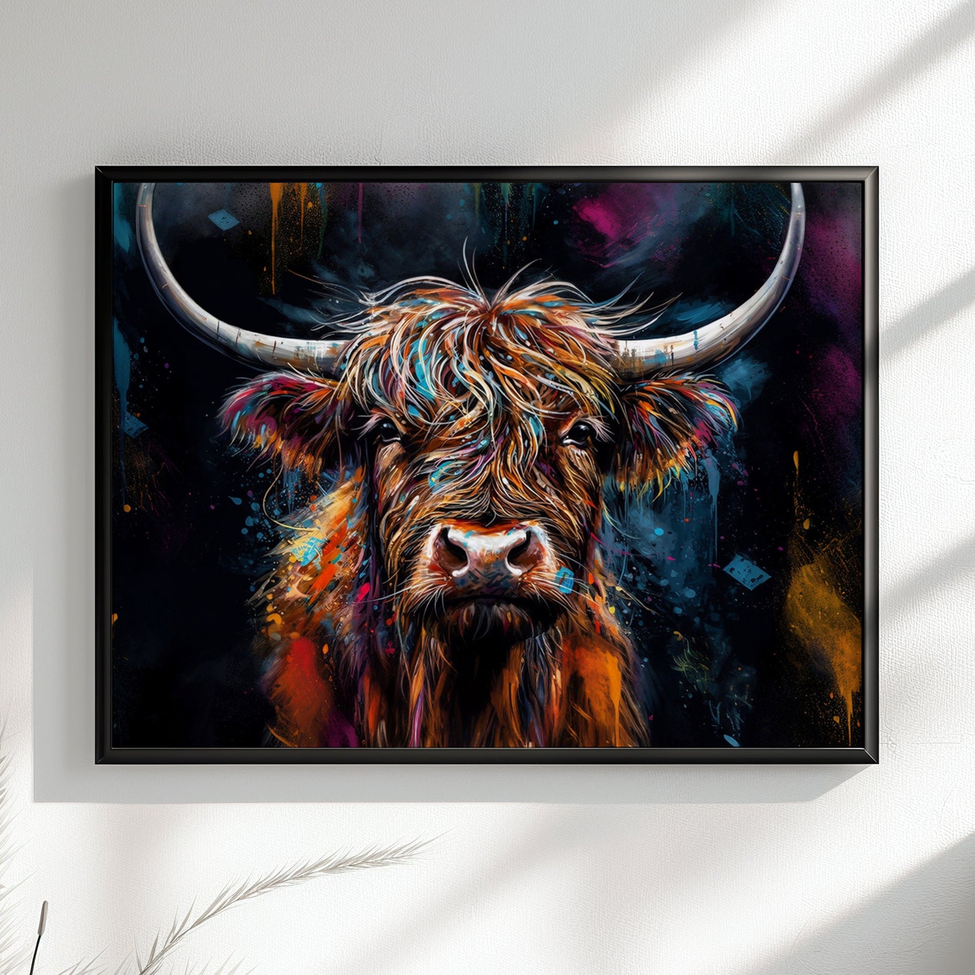 Highland Cow Canvas / Poster Print. Colorful Shaggy Scottish Cow Painting, Colourful Cattle Multicolour Rainbow Art, Unique Wall Decor Gift - CanvasityCrafts - Free Shipping