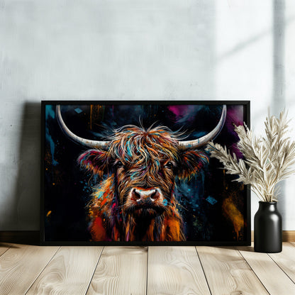 Highland Cow Canvas / Poster Print. Colorful Shaggy Scottish Cow Painting, Colourful Cattle Multicolour Rainbow Art, Unique Wall Decor Gift - CanvasityCrafts - Free Shipping