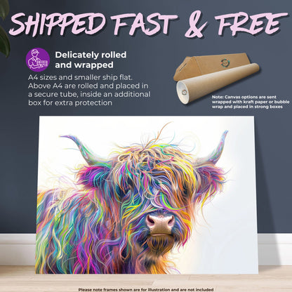 Highland Cow Canvas / Poster Print. Colorful Shaggy Scottish Cow Painting, Neon Colourful Multicolour Rainbow Art, Abstract Wall Decor Gift - CanvasityCrafts - Free Shipping