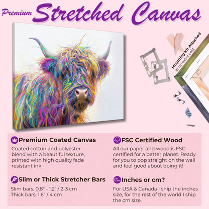 Highland Cow Canvas / Poster Print. Colorful Shaggy Scottish Cow Painting, Neon Colourful Multicolour Rainbow Art, Abstract Wall Decor Gift - CanvasityCrafts - Free Shipping