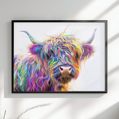 Highland Cow Canvas / Poster Print. Colorful Shaggy Scottish Cow Painting, Neon Colourful Multicolour Rainbow Art, Abstract Wall Decor Gift - CanvasityCrafts - Free Shipping