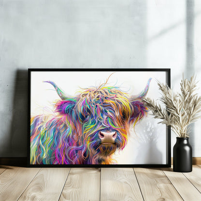 Highland Cow Canvas / Poster Print. Colorful Shaggy Scottish Cow Painting, Neon Colourful Multicolour Rainbow Art, Abstract Wall Decor Gift - CanvasityCrafts - Free Shipping