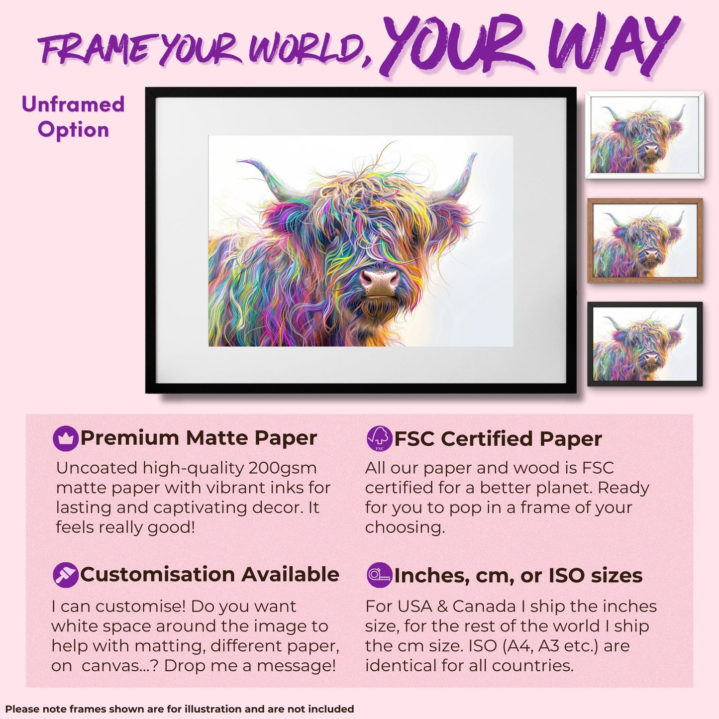 Highland Cow Canvas / Poster Print. Colorful Shaggy Scottish Cow Painting, Neon Colourful Multicolour Rainbow Art, Abstract Wall Decor Gift - CanvasityCrafts - Free Shipping