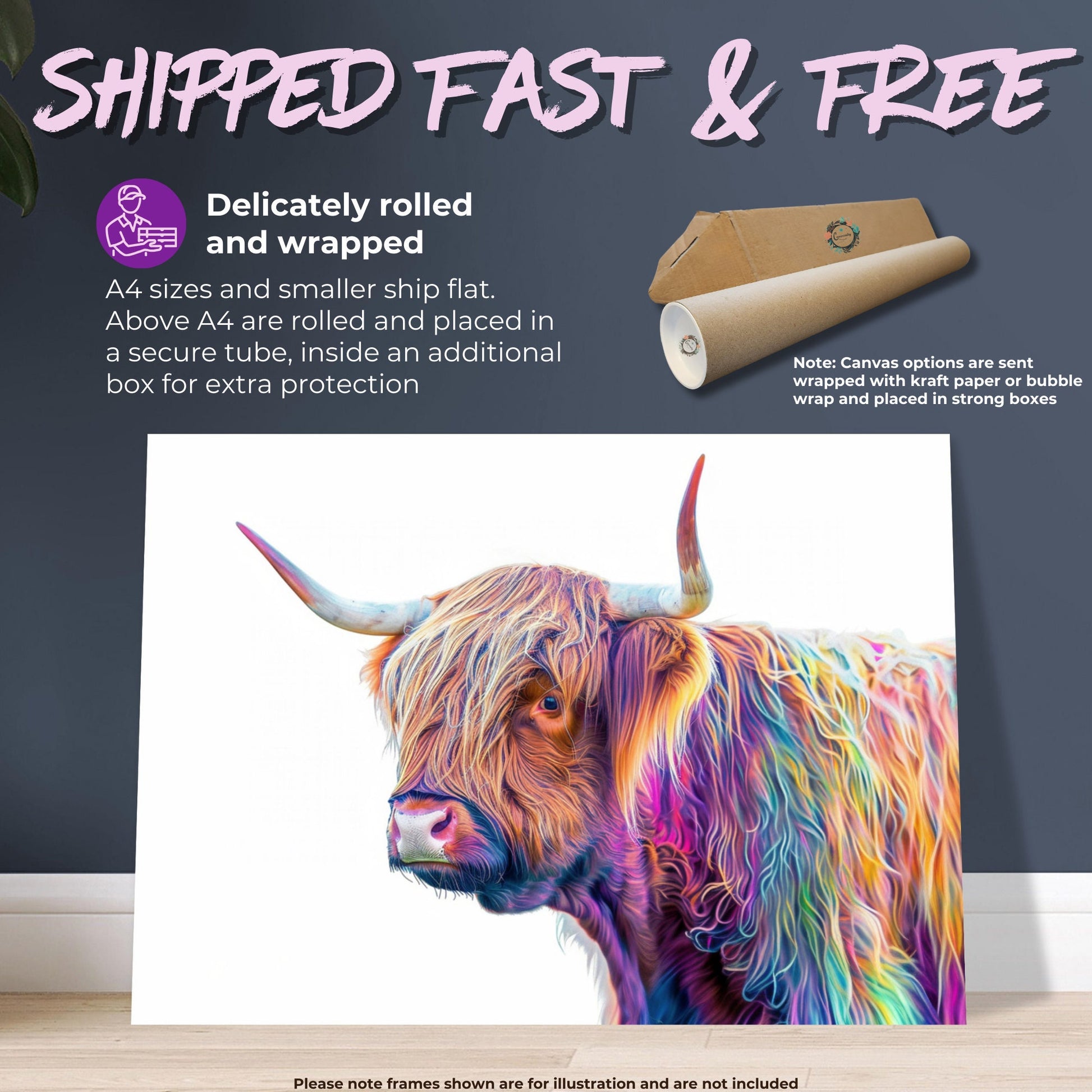 Highland Cow Canvas / Poster Print. Colorful Shaggy Scottish Cow Painting, Neon Colourful Multicolour Rainbow Art, Abstract Wall Decor Gift - CanvasityCrafts - Free Shipping