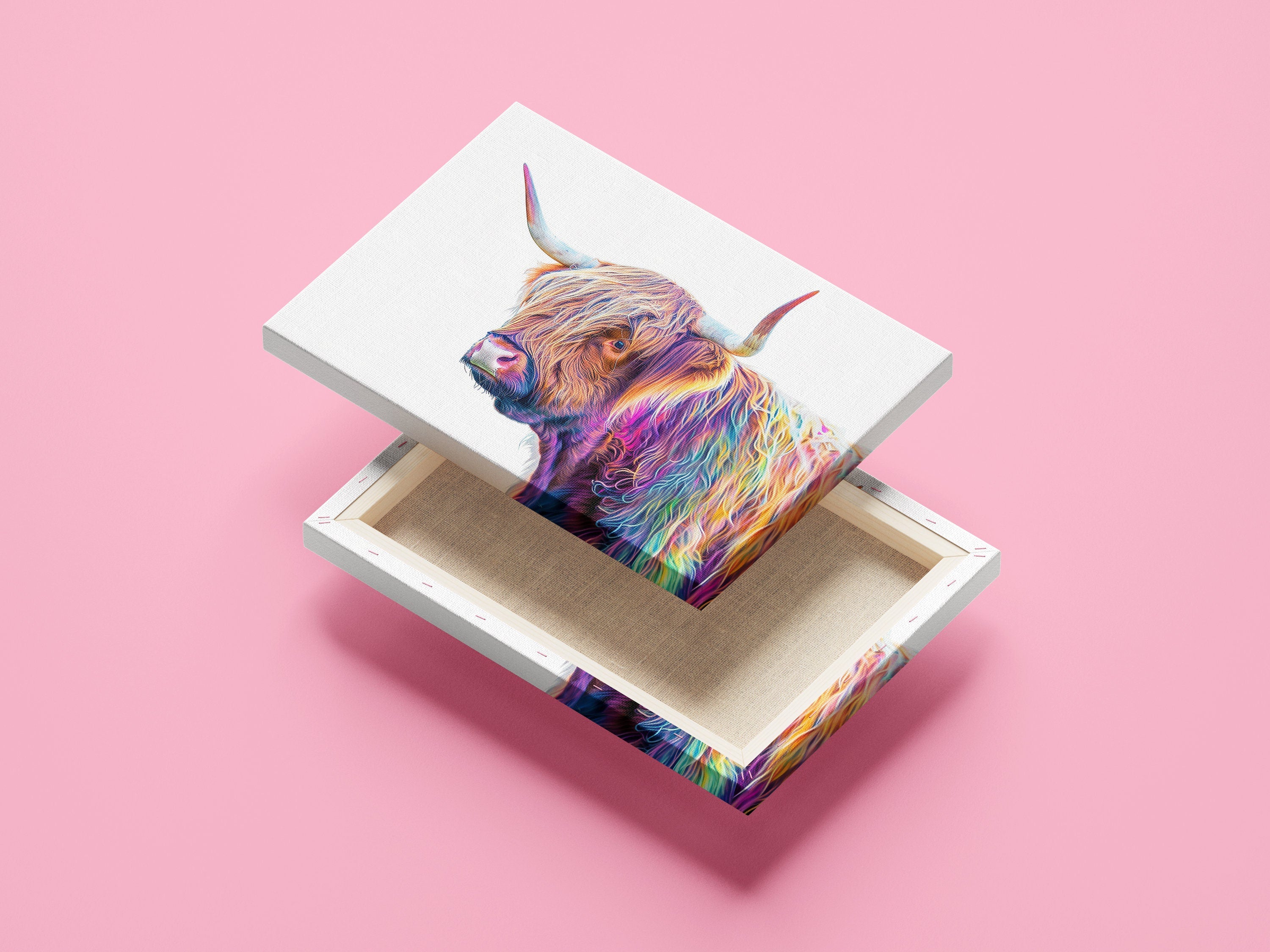 Highland Cow Canvas / Poster Print. Colorful Shaggy Scottish Cow Painting, Neon Colourful Multicolour Rainbow Art, Abstract Wall Decor Gift - CanvasityCrafts - Free Shipping