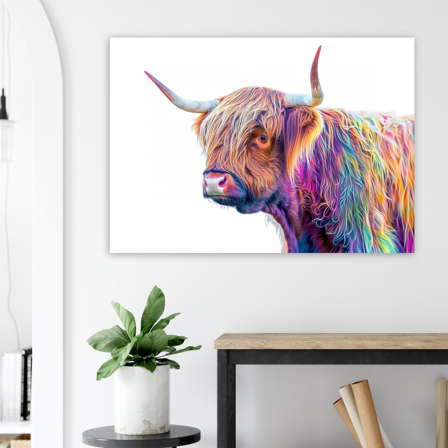 Highland Cow Canvas / Poster Print. Colorful Shaggy Scottish Cow Painting, Neon Colourful Multicolour Rainbow Art, Abstract Wall Decor Gift - CanvasityCrafts - Free Shipping