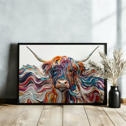 Abstract Highland Cow Canvas / Poster Print. Colorful Shaggy Scottish Cow Painting, Colourful Multicolour Art, 3D Effect Wall Decor Gift - CanvasityCrafts - Free Shipping