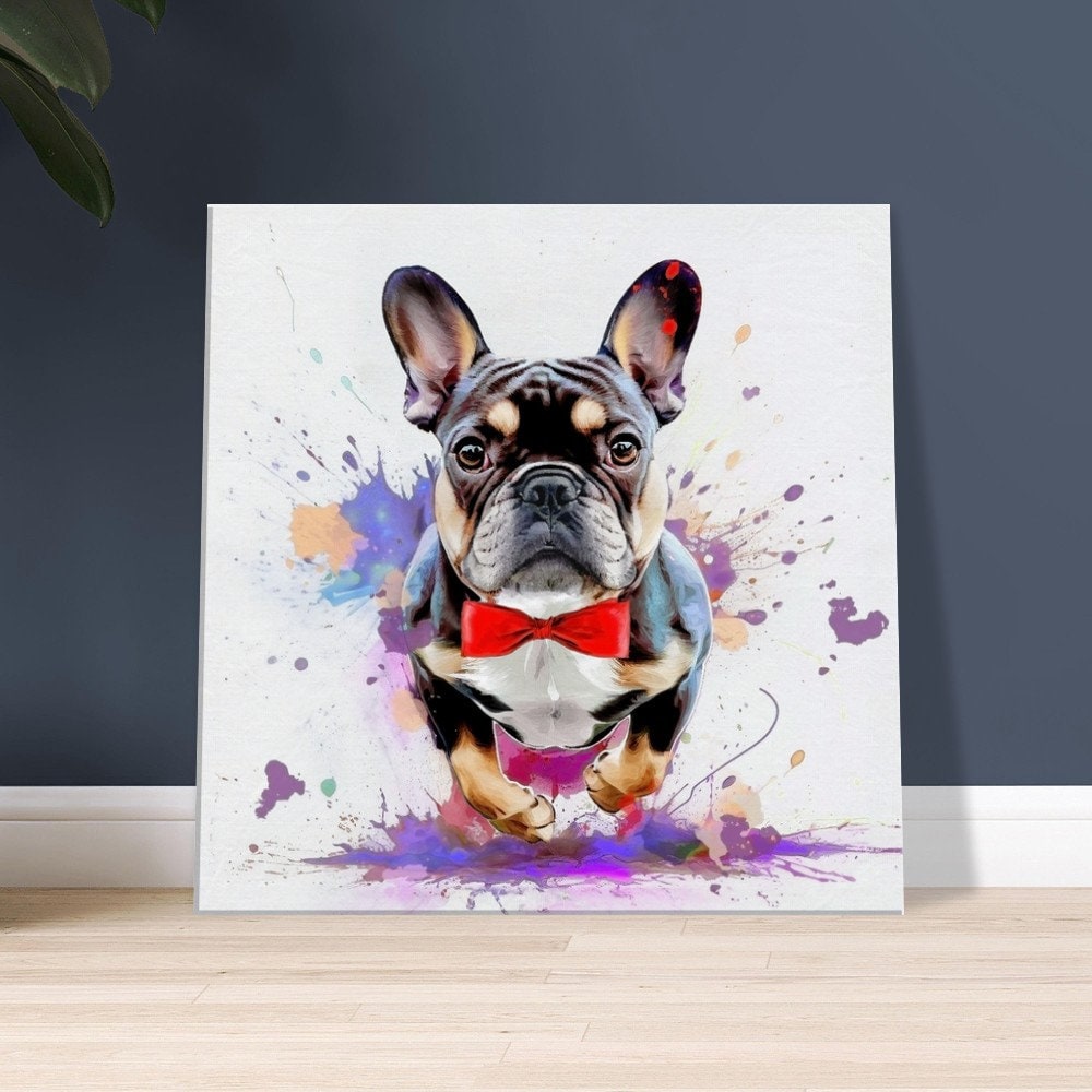 Truman in Motion! Colorful Blue & Tan Compact French Bulldog Jumping Through Splashes of Color on Canvas. Frenchie Dad Wall Art - CanvasityCrafts - Free Shipping