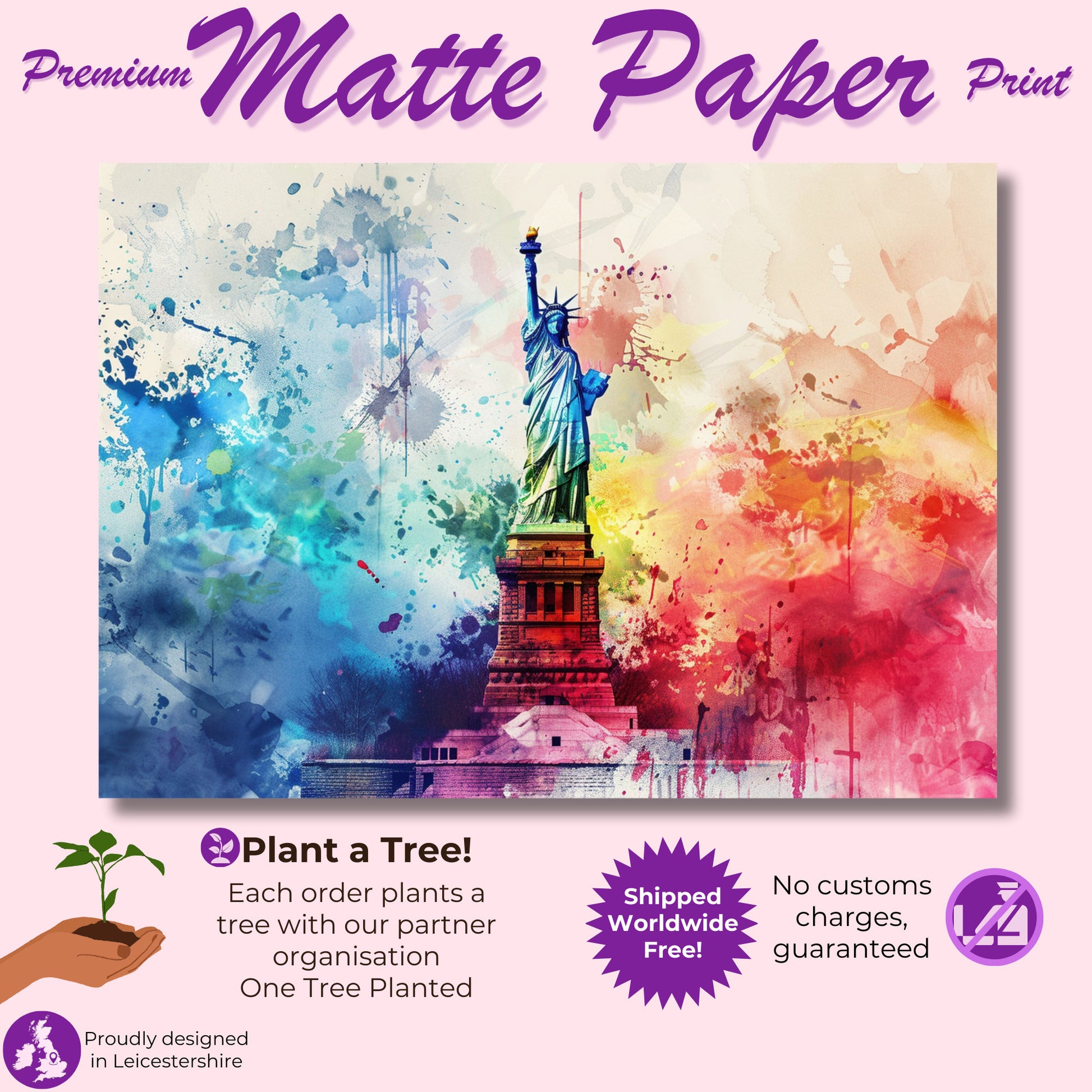 Paint Splash Statue of Liberty Poster Print. New York Skyline, American Cityscape Wall Decor Gift Colourful Watercolour USA City Abstract - CanvasityCrafts - Free Shipping