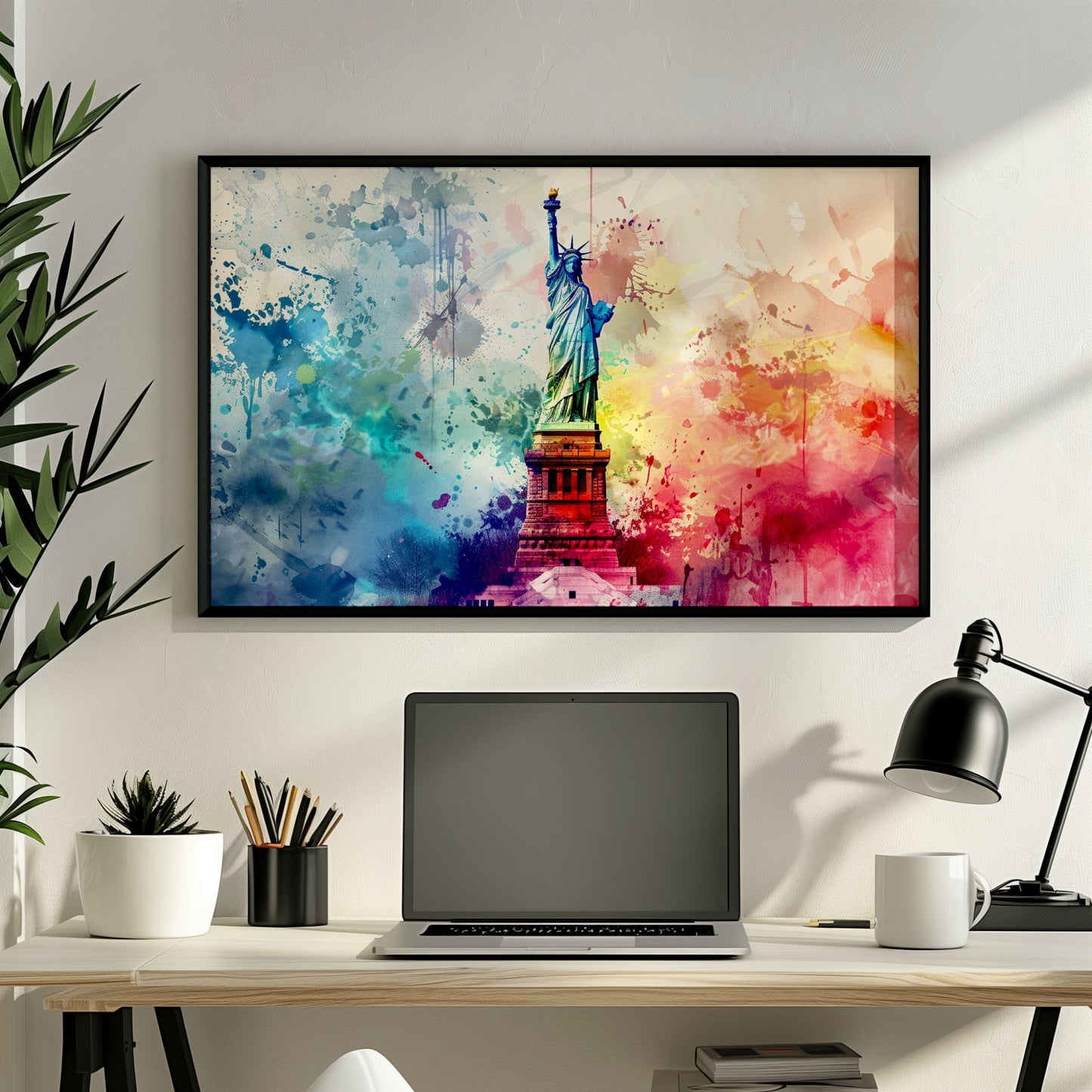 Paint Splash Statue of Liberty Poster Print. New York Skyline, American Cityscape Wall Decor Gift Colourful Watercolour USA City Abstract - CanvasityCrafts - Free Shipping