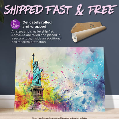 Paint Splash Statue of Liberty Poster Print. New York Skyline, American Cityscape Wall Decor Gift Colourful Watercolour USA City Abstract - CanvasityCrafts - Free Shipping